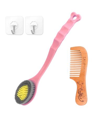 Brushing Body Brush- Best for Cellulite  Lymphatic Drainage & Skin Exfoliating - Long Handle Back Scrubber with Soft and Stiff Bristles Good for Health and Beauty(Premium Wide Wooden Comb Include) Pink Brush and Comb