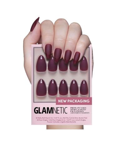 Glamnetic Press On Nails - Merlot | Short Almond Dark Red Nails with Glossy French Tips in a Matte Finish | 15 Sizes - 30 Nail Kit with Glue