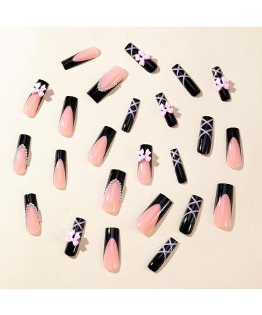24Pcs Black French Tip Coffin Press-On Nails | Stylish Pink Fake Nails with Bow & Pearl Charms | Glossy Full Cover Acrylic for Women  - Buy Online on GoSupps.com