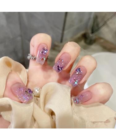 24Pcs/Set Press On Nails Pink Purple Butterfly Nail Patch False Nails Acrylic Fake Nails Full Cover Nails Tips Artificial Finger Manicure Press on nails for Women and Girls