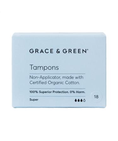 Grace & Green - Organic Tampons - Non-Applicator - Size: Super - Made with Organic Cotton - 100% Free from Plastic - 18x Super Tampons 18 Count (Pack of 1)