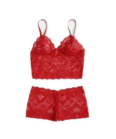 Women's 2 Pieces Lingerie Sets Sexy Lace Babydoll Underwear Underpants Sleeveless Strap Sleepwear Nightwear Pjs Red-02 3X-Large