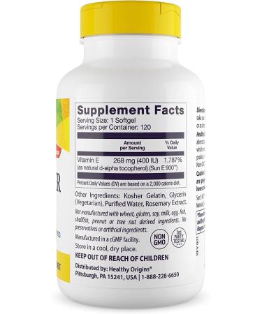 Healthy Origins Vitamin E 400 IU Sunflower - Hair Skin & Nails Supplement - Non-GMO, Gluten-Free - 120 Softgels - Buy Online on GoSupps.com
