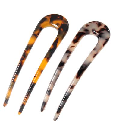 2 Pack French Style Cellulose Acetate Tortoise Shell U Shaped Hair Pin Fork Sticks 2 Prong Updo Chignon Pin for women