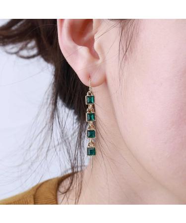 Vintage Crystal Emerald Threader Earrings | Long Tassel Dangle & Square Stud Earrings | Gold Bar Pull Through Jewelry for Women - Buy Online on GoSupps.com