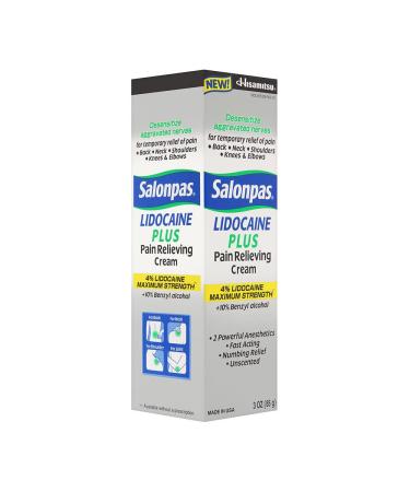 Salonpas Lidocaine Plus Pain Relieving Cream 3 Ounce Tube