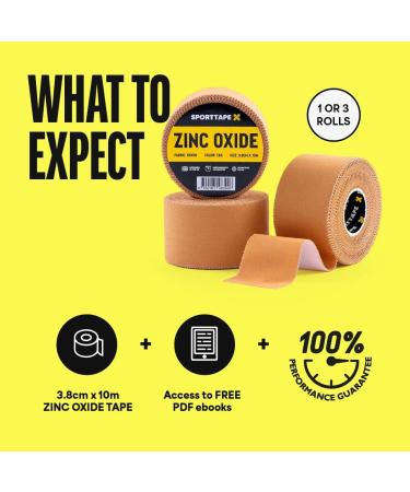 SPORTTAPE Tan Zinc Oxide Tape - 3 Rolls (3.8cm x 10m) | High Strength Athletic Tape for Blister Prevention, Plantar Fascia, Netball, Football, Rugby - Buy Online on GoSupps.com