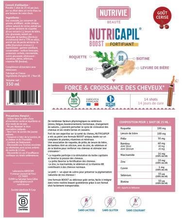 Shot Fortifiant Cheveux - Croissance Force & Vitalit - Plantes + Biotine + Zinc + S l nium - Go t Cerise - 98% Naturel - Format Pratique - Fabriqu en France - Nutrivie - Buy Online on GoSupps.com