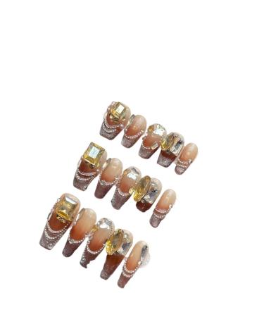 Nail enhancement European and American long ladder French cat eye gradient detachable wearable nails Press on Nail(Gold Short ladder L)