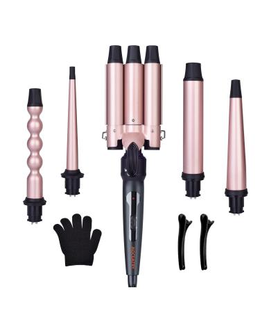 Wand Curling Iron, Curling Wand Set, MOCEMTRY Professional 5 in 1 Hair Curling Iron, Hair Curler with Interchangeable Barrels, Instant Heating & Adjustable Temperature, Gift for Wome Pink