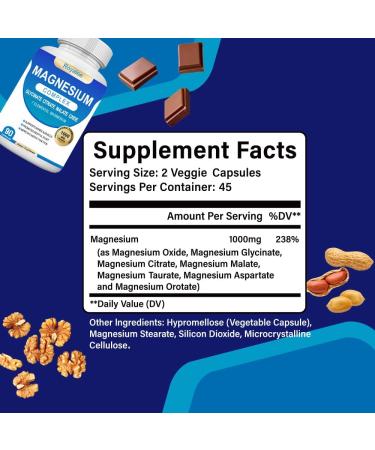 Magnesium Complex Supplement - 1000mg with 7 Magnesium Forms Including Glycinate Citrate Malate Taurate & Orotate - Supports Relaxation Muscle Function & Bone Strength - 90 Capsules 90 Count (Pack of 1) - Buy Online on GoSupps.com