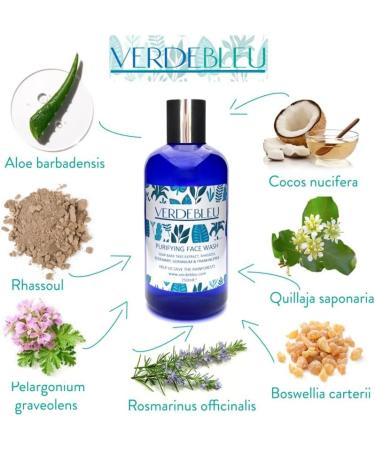 Verdebleu - 99% Natural - Purifying Face Wash - Rhassoul Rosemary Frankincense Geranium. No Sulfates/Parabens No Soap. pH 5.5 Sensitive Skin. We Donate 5% of Profit to Save the Rainforest. 250ml - Buy Online on GoSupps.com