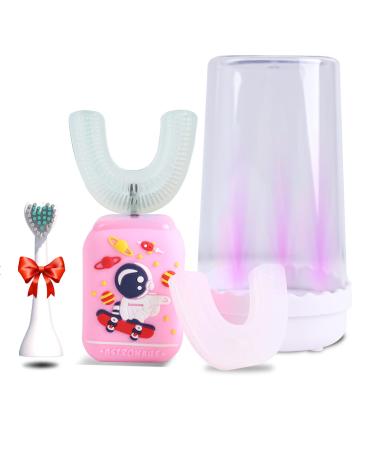 Kids Electric Toothbrushes, 5 Modes Wireless Charging Kids U Shaped Toothbrush, 360 Ultrasonic Automatic Toothbrush Kids with 3 Brush Heads, IPX7 Waterproof Whole Mouth Toothbrush Age For 7-12 Pink