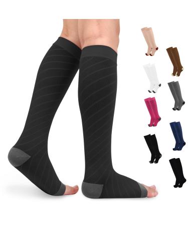 Knee High Medical Compression Socks for Women & Men 20-30 mmHg Graduated Compression Stockings Open Toe Circulation Support Pressure Hose for Sports Flight Edema Varicose Veins DVT Black Gray Large