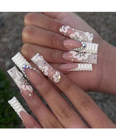 Long Square Press on Nails French White Fake Nails with Shiny Rhinestones Design Full Cover Acrylic False Stick Glue on Nails for Women and Girls 24PCS French White Rhinestones A04