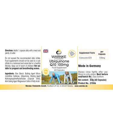 Coenzyme Q10 100mg - High Dose Ubiquinone Capsules - Vegan | 60 Ct | Warnke Vitalstoffe - German Pharmacy Quality - Buy Online on GoSupps.com