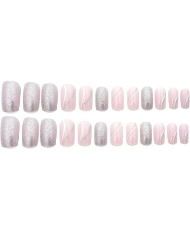 24pcs Short French False Nails - Almond Square Press On Nails with Glue - Silver Pink White Lines Design - For Women and Girls Nail Art - Buy Online on GoSupps.com