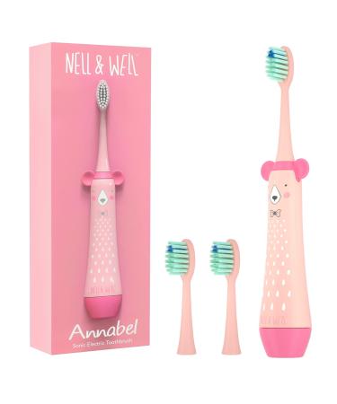 NELL&WELL Kids Sonic Electric Toothbrush with 2 Replace Brush Heads, Cartoon Battery Powered Toothbrush for Children, Waterproof Toddler Electric Toothbrushes, Soft Bristle, BPA Free for Age 3+ (Pink)