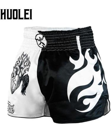 HUOLEI Muay Thai Shorts for Men and Women, High Grade MMA Gym Boxing Kickboxing Shorts - 1 White & Black XS, Waist 22-24 - Buy Online on GoSupps.com