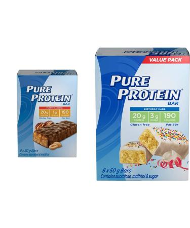 Pure Protein Bars - Nutritious Gluten Free Protein Bars (Chocolate Peanut Caramel + Birthday Cake) (Pack of 12)