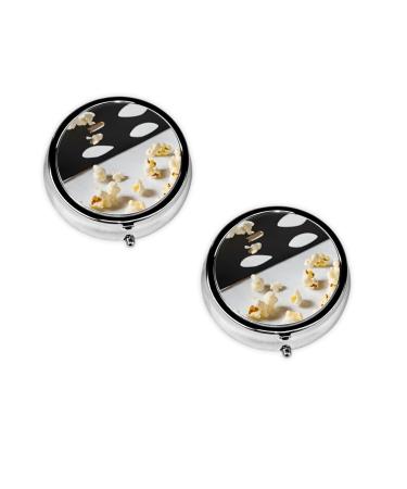 Cinema Movie Clapboard and Popcorn Printed Mini Round Pill Box Pill Box 3 Compartment Medicine Pill Case Pill Organizer Travel Pillbox Portable Pill Box for Pocket Home Office Use