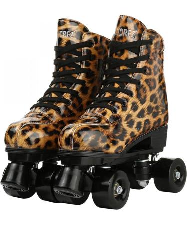 Leopard PU Leather High-top Roller Skates for Women | Indoor/Outdoor Double-Row Skates | Size 38 (US Women 8) | Includes Shoes Bag - Buy Online on GoSupps.com