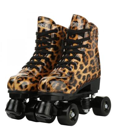 YYW Roller Skates for Women and Men Funky Leopard-Print Outdoor Skates PU Leather Roller Skates leopard brown black wheel 38US Men:7Women:8.5