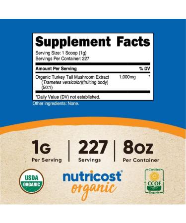 Nutricost Organic Turkey Tail Mushroom Powder 8 oz - 50:1 Extract, Gluten-Free, Non-GMO, Vegetarian Friendly - Buy Online on GoSupps.com
