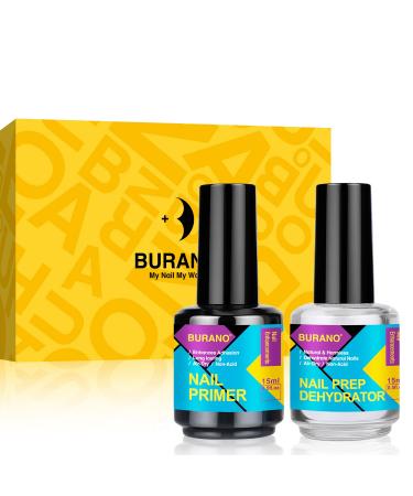 BURANO Natural Nail Gel Prep Dehydrator and Primer for Acrylic Nails and Gel Polish, Long Lasting Acid Free Acrylic Nail Primer No Burns Bonding Primer (0.5 oz 2 Bottles)
