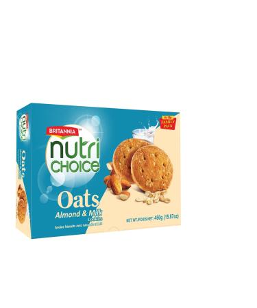 BRITANNIA NutriChoice Oats Almond and Milk Cookies 8 Family Packs - 3.6kg (6 x 75g 450g per Family Pack) | High-Fiber Healthy Snacks | Perfect for Breakfast and Tea Time