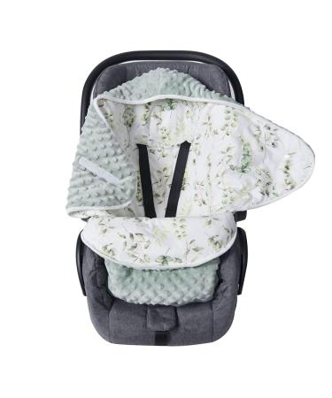 Swaddle Blanket for Stroller Ultra Thick Baby Blanket with Hat 90 x 90 cm Newborn Baby Bunting Bag for Stroller Seat Liners Baby Carrier High Chair Shopping Cart Lounger Canopy (Sketch Plants) Green Leaves 0-6 Months