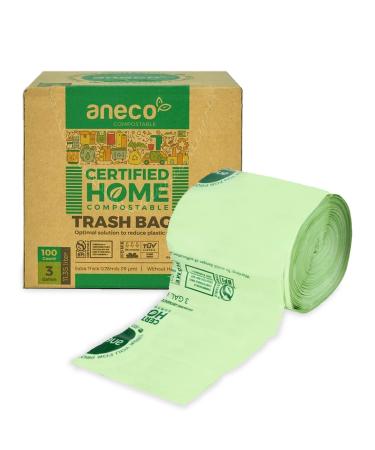 ANECO 100% Compostable Trash Bags 3 Gallon, 100 Count, Extra Thick Compost Bags for Countertop Bin, Small Compost Bag, Food Waste Bags with TUV OK Compost Home and BPI certified 3 Gallon 1 Count (Pack of 100)