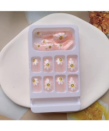 Flower Almond Short Press On Nails - 24PCS Nude Pink Full Cover False Nails with Glue - Summer Cute Designs for Women & Girls - Buy Online on GoSupps.com