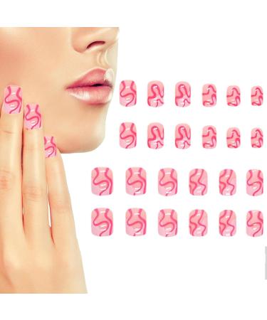 Cute False Nails - Pink White Short Fake Nails | Cute Curve Design Stick On Nails Glue On Colorful Square Short Artificial Full Stick On Nails Fulenyi - Buy Online on GoSupps.com