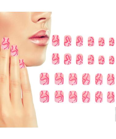 Short False Nails Pink - White Pink Short Fake Nails Curve Design Pink Press On Nails Cute Stick On Nails Square Fake Nails Artificial Full Stick On Nails Haoying