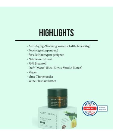 Marie Jardin Hyaluron cream 50 ml moisturizing cream with aloe vera and quince 247 day and night cream natural cosmetics for neck face d collet eyes antiwrinkle for women and men - Buy Online on GoSupps.com