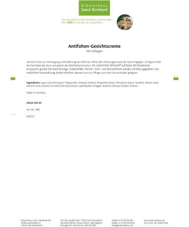 Herb house Sanct Bernhard AntiWrinkle Facial Cream with Collagen 100 ml - Buy Online on GoSupps.com