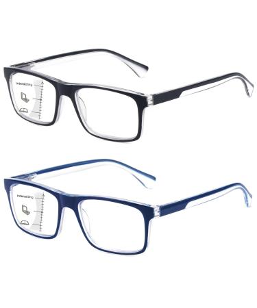 Missfive 2-Pack Mens Light Multifocus Progressive Reading Glasses Blue Light Blocking Multifocal Spring Hinge No-Line Quality Trifocal Readers Comfort Eyeglasses (Workspace For Near Range 2.5x) Multifocus/ 1 Black/Clear +1 Blue/Clear 2.5 x