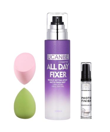 UCANBE Makeup Setting Spray + Face Primer + Make Up Sponge Gel-Based Hydrating Primer Lightweight Long Lasting Matte Finishing Spray Beauty Blender Set 1.8 Fl Oz (Pack of 4)