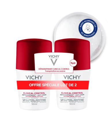 Vichy, 48H Antiperspirant Deodorant, Roll-on, Fragrance-Free & Alcohol-Free, Hypoallergenic, For Sensitive or Hairless Skin, Pack of 2