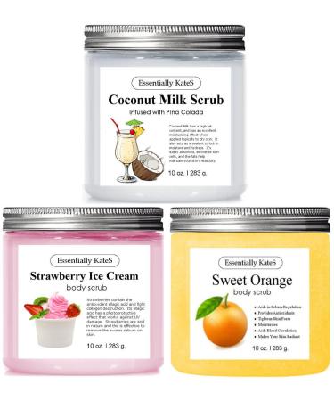 Top 3 Body Scrub Set - Strawberry Ice Cream Body Scrub Coconut Milk Body Scrub Orange Body Scrub - Essentially KateS - Gifts for Mothers Fathers Sisters Brothers and Friends Pack of 3 (10 oz x 3)