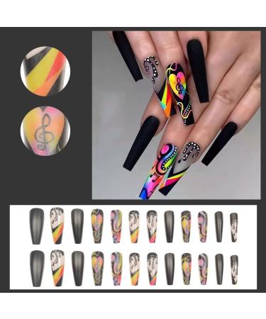 GORS Long Black Press on Nails - Colorful Coffin Fake Nails with Graffiti Note Designs | Full Cover False Nails for Women - Buy Online on GoSupps.com