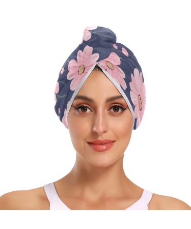 Pink Daisy Flower Hair Towel 2 Pack Super Absorbent Hair Drying Towel Quick Dry Hair Turbans Head Towel with Button Twisty Wrap for Women Girls
