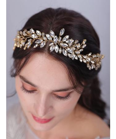 JWICOS Crystal Wedding Headband Bridal Headpiece Hair Vine Wedding Hair Accessories for Bride Women Prom (Gold)