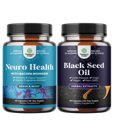 Bundle of Nootropic Brain Supplement for Memory & Focus with Bacopa Monnieri VIT A B6 Riboflavin Niacin Thiamin Folate and Vegan Black Seed Oil - Cold Pressed Nigella Sativa Black Cumin Seed Oil