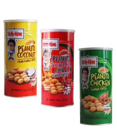 Koh-Kae Peanuts Mixed Packs - Coconut Chicken Sriracha Chilli Flavours 230g Each - Crunchy Snack for All Occasions (Pack Of 3)