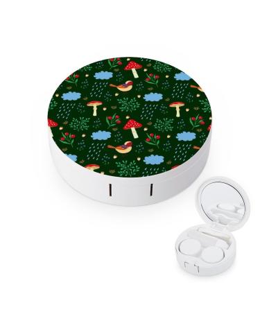 Bird And Mushroom Round Case For Contact Lens Kit Storage Box with Mirror Printed