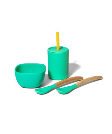 Avanchy Silicone La Petite Essential Collections Gift Set Green - Includes Mini Silicone Bowl  Silicone Cup  and Bamboo Baby and Infant Spoons - Baby Dishes Set - Baby Shower Gifts