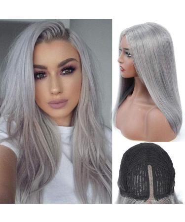 Real Hair Lace Front Wig - 18 Gray Heat-Resistant Synthetic Wig for Women | 150% Density Medium Length Long Smooth Hair - Buy Online on GoSupps.com