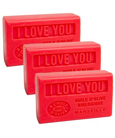 Savon de Marseille - French Soap Made With Pure Organic Olive Oil and Shea Butter - I Love You Fragrance - 125 Gram Bar - Set of 3